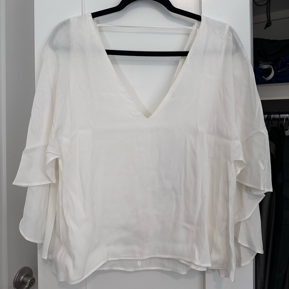 Zara White V-Neck Layered Ruffle Sleeve Blouse
